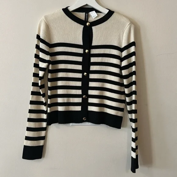 H&M Rib Knit Striped Gold Button Cardigan Sweater - Picture 3 of 11